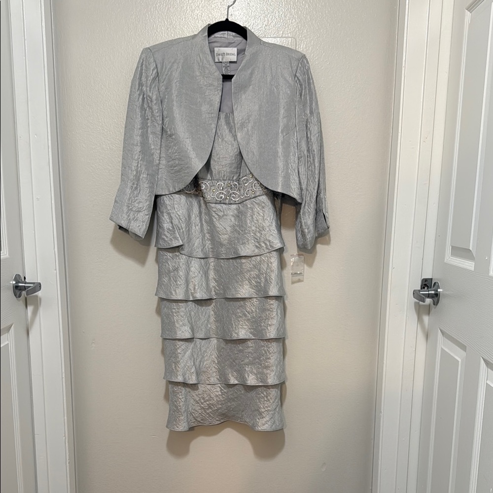 David's Bridal Silver Layered Dress with Jacket